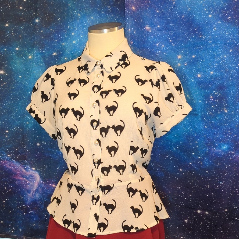 Halloween Black and White Cat Print Blouse